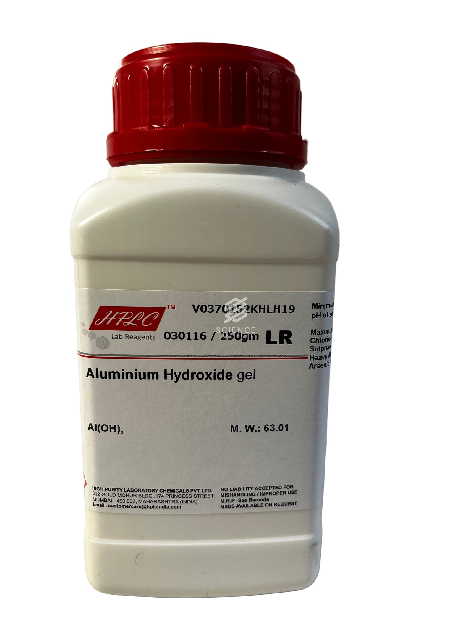 A white bottle with a red cap labeled Aluminium Hydroxide gel.