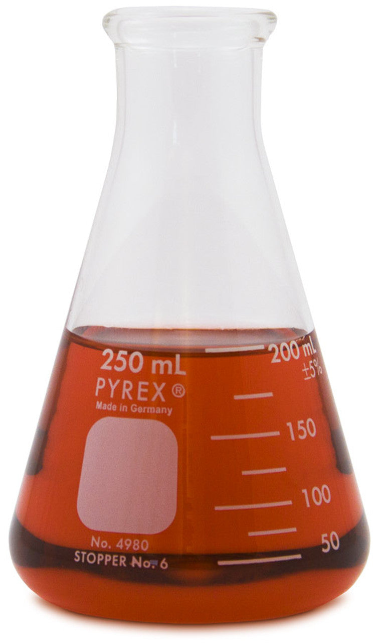Pyrex Erlenmeyer flask with red liquid on a white background