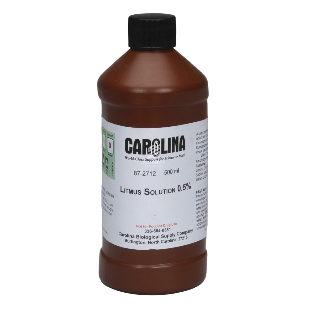 A bottle of Carolina Litmus Solution with a label indicating it is a 500 mL product, used for scientific purposes.