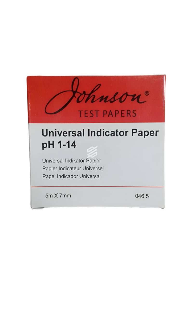A reel of Universal Indicator Paper with the brand name Johnson Test Papers labelled on it, for pH 1 - 14 testing.